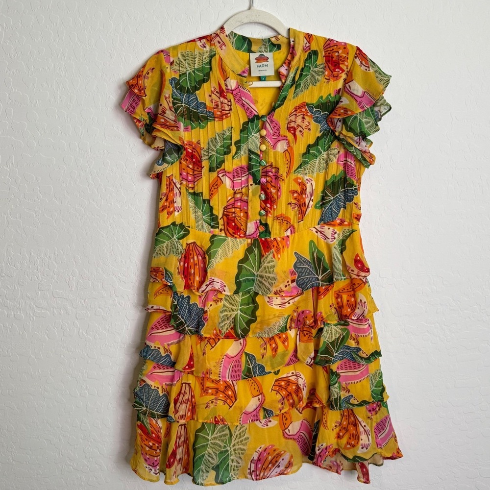 Farm Rio Womens 100% Dress S Yellow Tropical Ruffle Mini Resort Vacation
